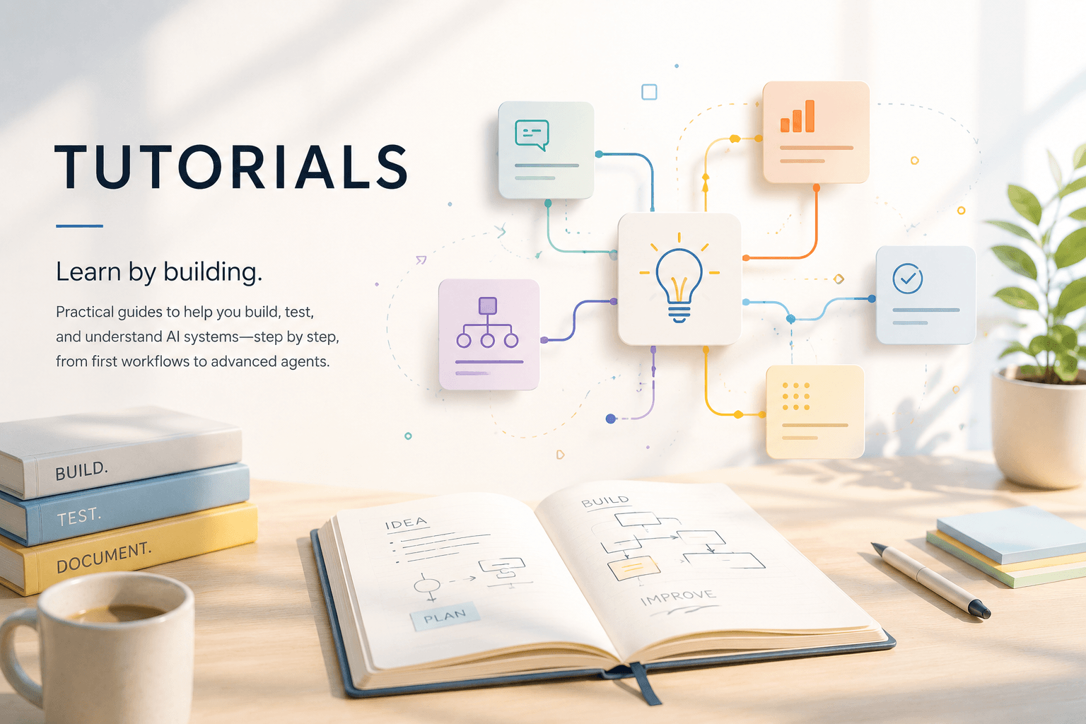 Illustration of the Tutorials roadmap: a progression from a single AI workflow through tool-using agents, multi-agent systems, inspectable workflows, and a locally run model.