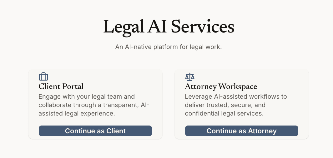 Attorney Workspace for a matter, showing the AI Team panel, matter documents, pipeline status, work products, and an AI assistant panel.