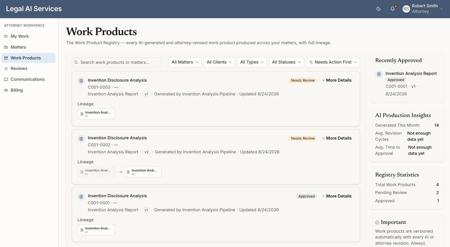 Work Product Registry listing generated work products across matters, with lineage, status, and registry statistics.