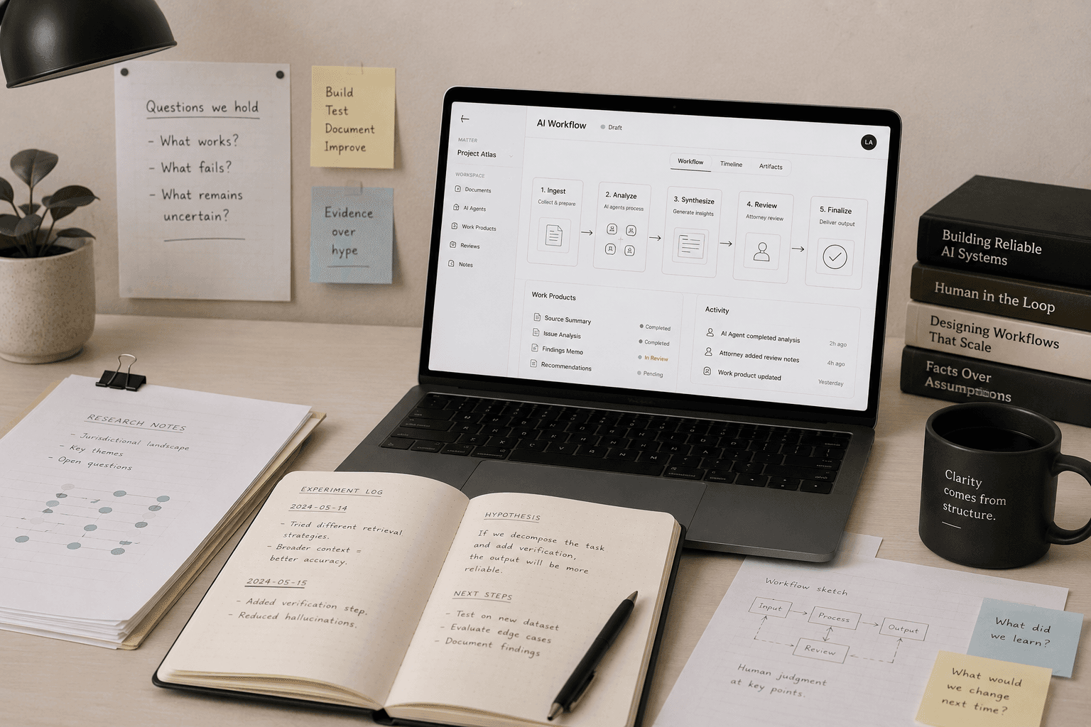 A researcher's desk: a laptop showing an AI Workflow interface (Ingest, Analyze, Synthesize, Review, Finalize) beside a research notebook, handwritten notes on evidence over hype, and books on building reliable, human-in-the-loop AI systems.