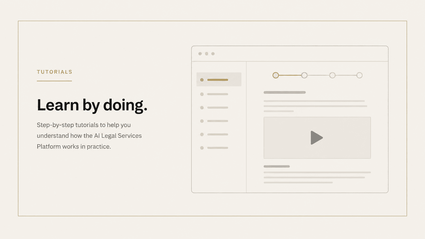 Preview of the tutorials interface: a step list beside a walkthrough panel, under the heading "Learn by doing."